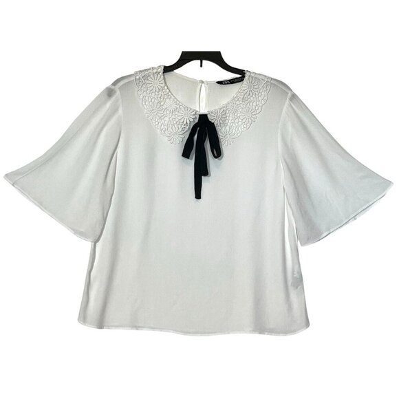Zara 100% Viscose White Peter Pan Lace Collar Black Tie Blouse Top - Picture 1 of 6